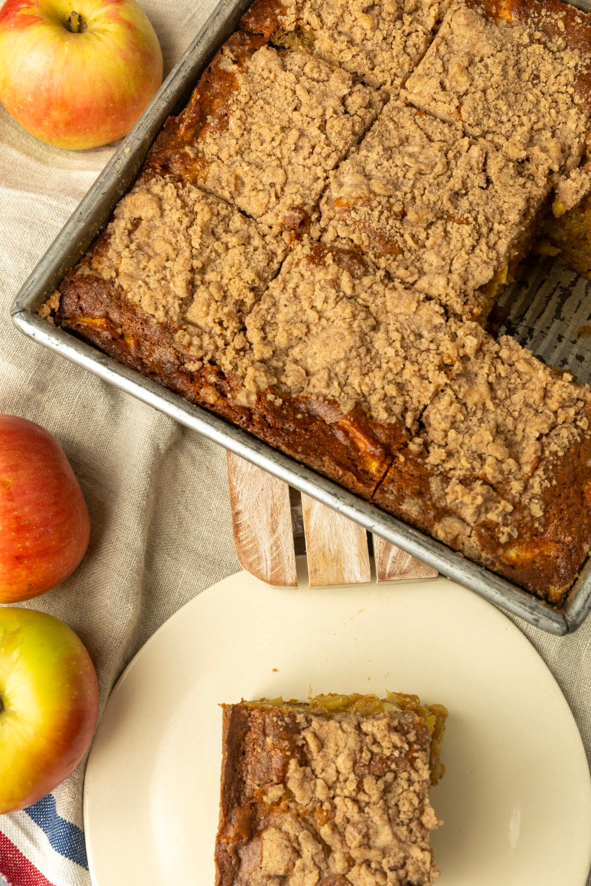 apple coffee cake in a pan and on a plate