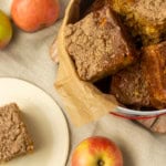 apple coffee cake in a tin and on a plate