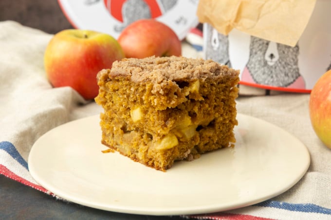 apple coffee cake in a tin and on a plate