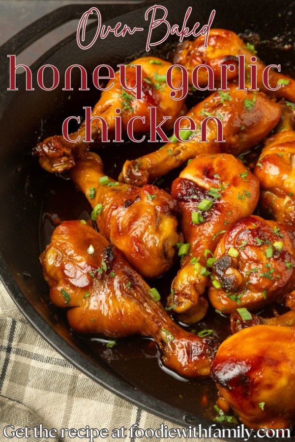 baked honey garlic chicken in a cast-iron pan