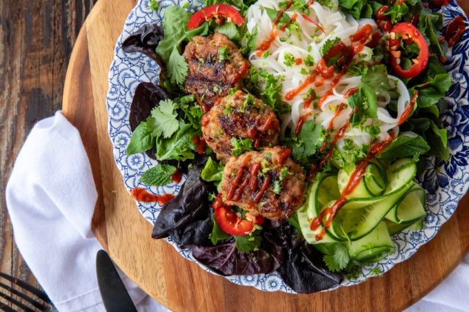 bun cha vietnamese pork patties on salad