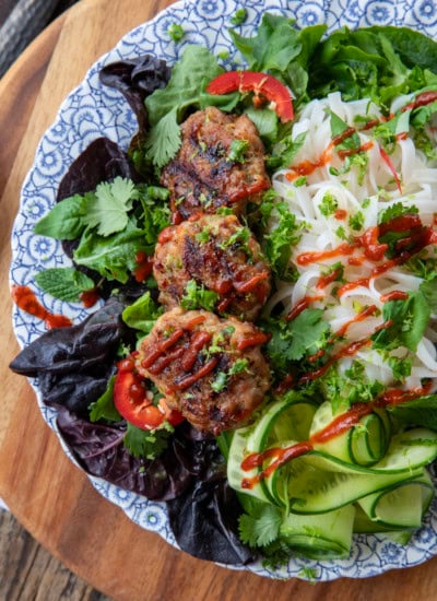 bun cha vietnamese pork patties on salad
