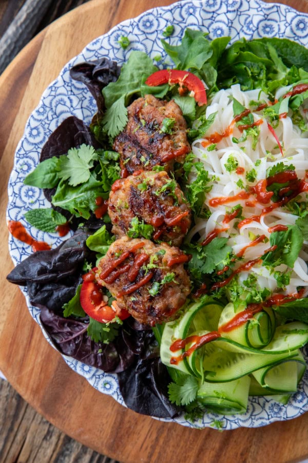 bun cha vietnamese pork patties on salad