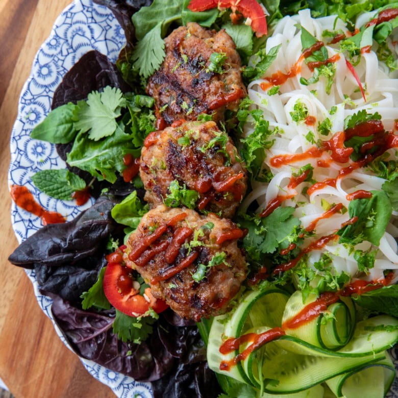 bun cha vietnamese pork patties on salad