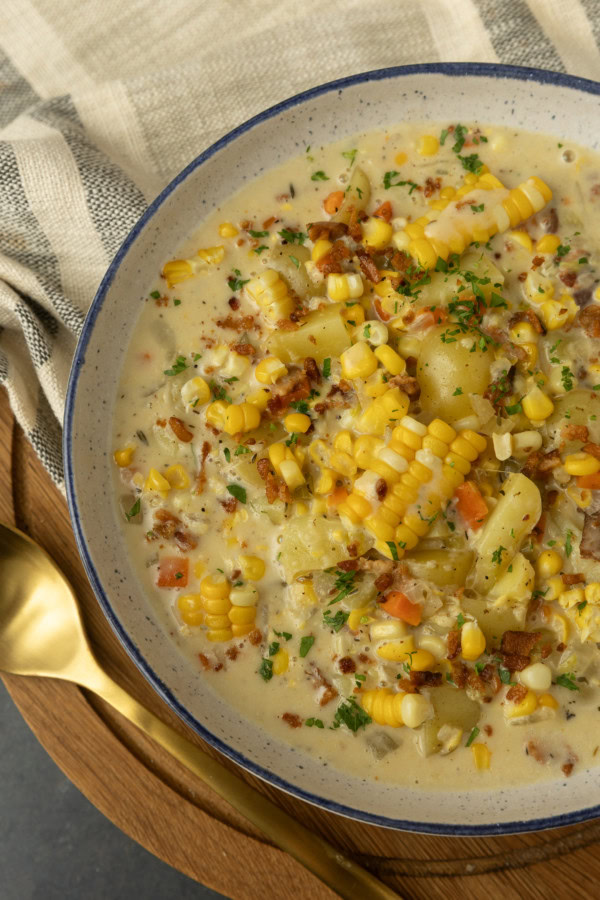 corn potato chowder in a bowl