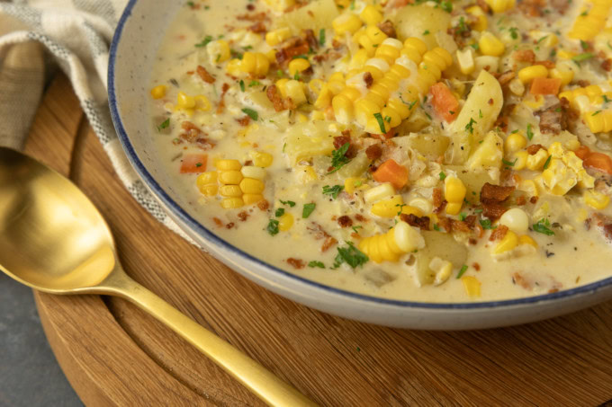 corn potato chowder in a bowl