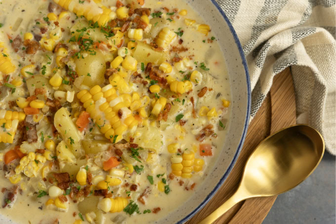 corn potato chowder in a bowl