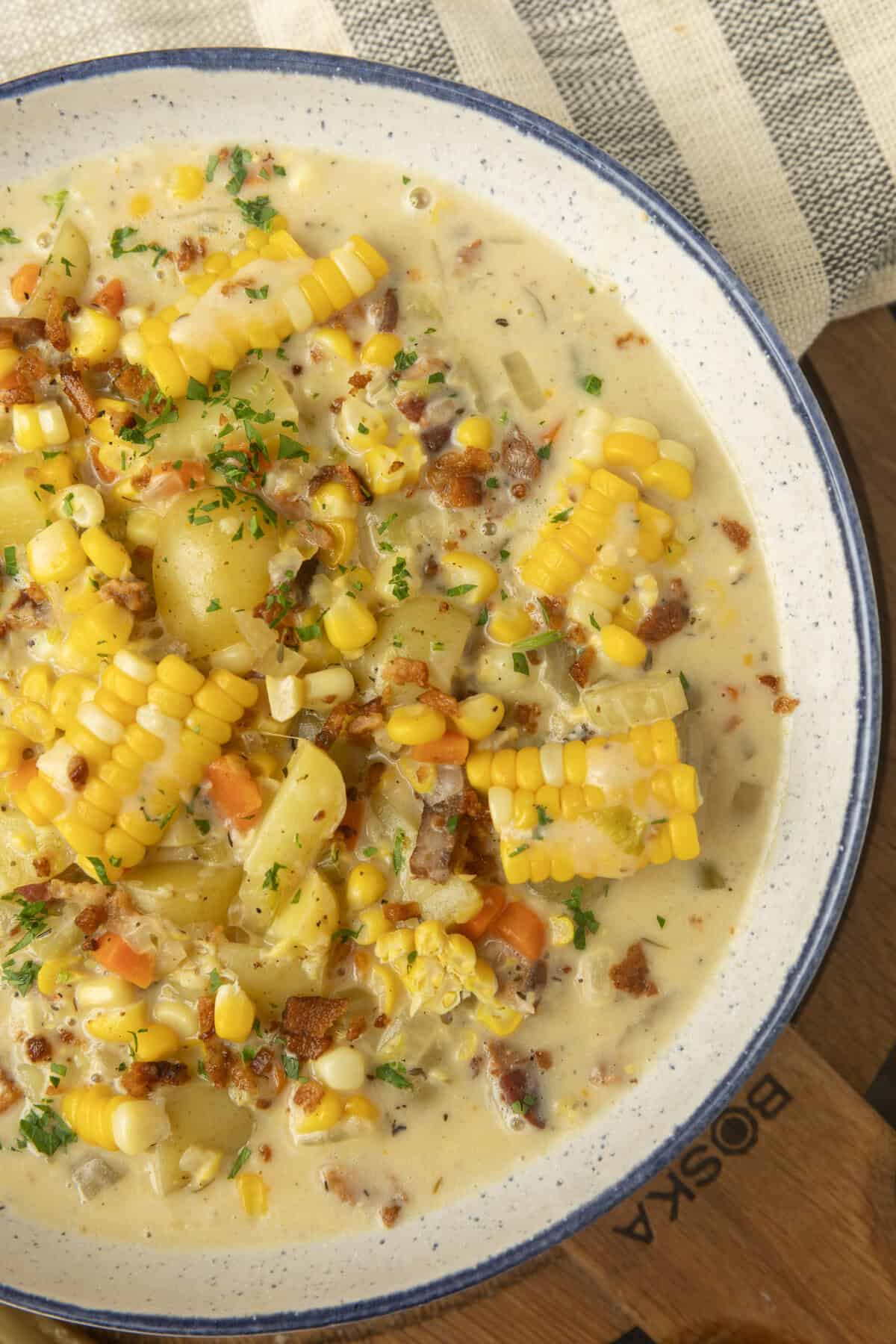 corn potato chowder in a bowl