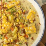corn potato chowder in a bowl with word overlay describing the photo