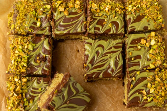 Viral Dubai Chocolate Brownies on parchment paper