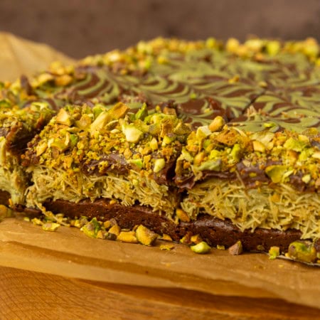 Viral Dubai Chocolate Brownies on parchment paper