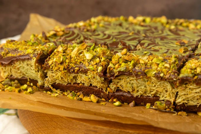 Viral Dubai Chocolate Brownies on parchment paper