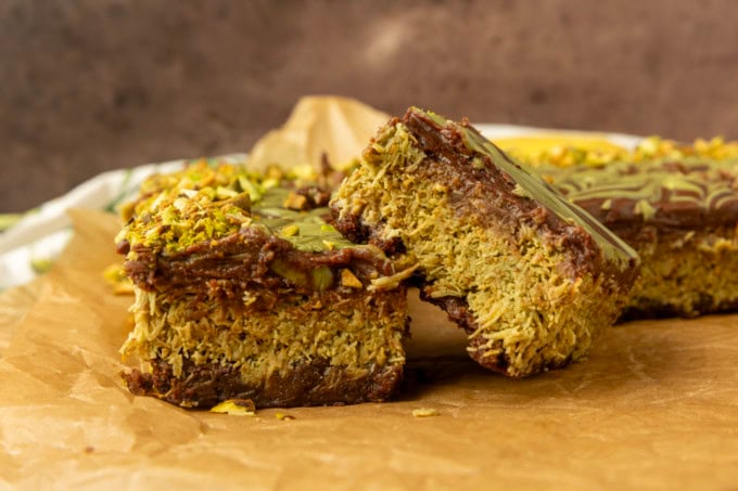 Viral Dubai Chocolate Brownies on parchment paper