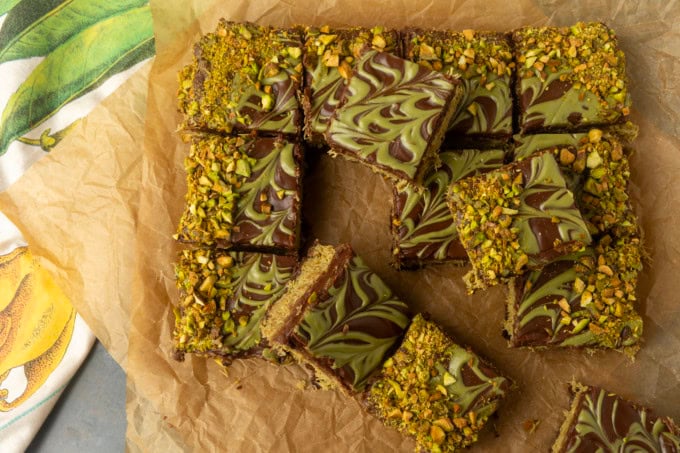 Viral Dubai Chocolate Brownies on parchment paper