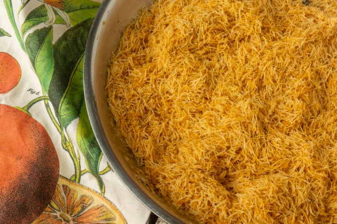 Toasted kataifi in a skillet