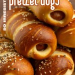 pretzel dogs with a text overlay describing the photo contents