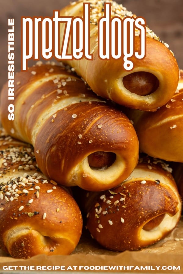 pretzel dogs with a text overlay describing the photo contents