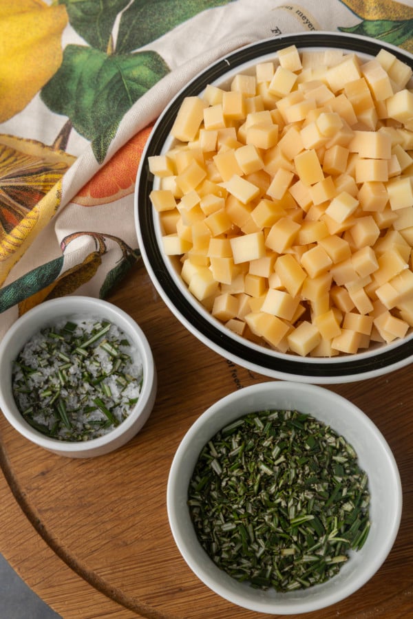 cubed parmesan, minced rosemary, and rosemary salt