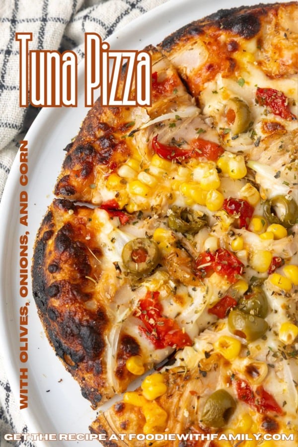tuna pizza with corn, olives, onions, and roasted red peppers