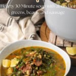 swamp soup in a bowl and in a dutch oven with lettering over the photo describing the contents.