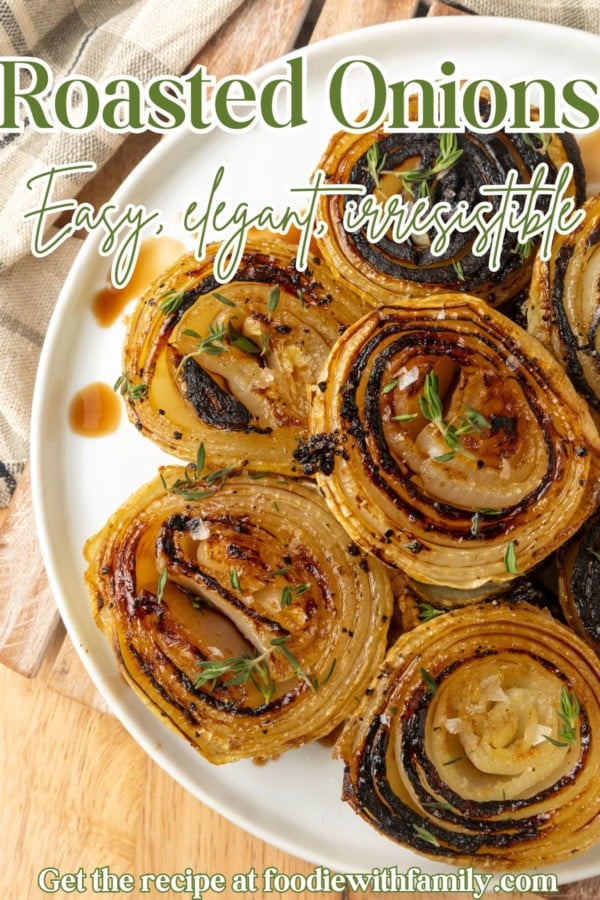 baked onions on a plate with text overlay describing the photo