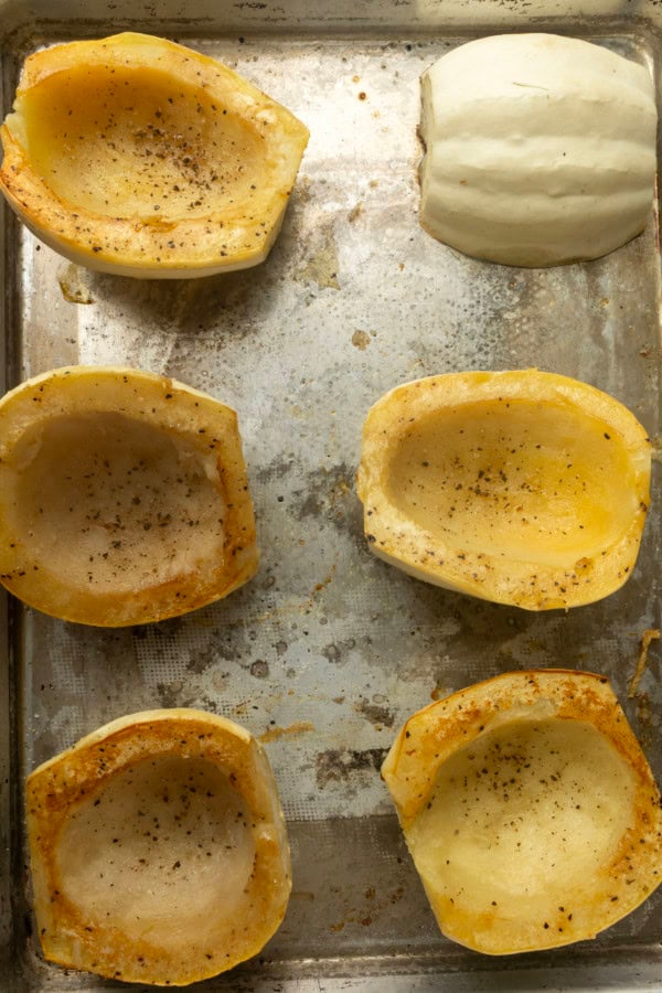 roasted cut mashed potato squash a.k.a. white acorn squash brushed with olive oil with salt and pepper