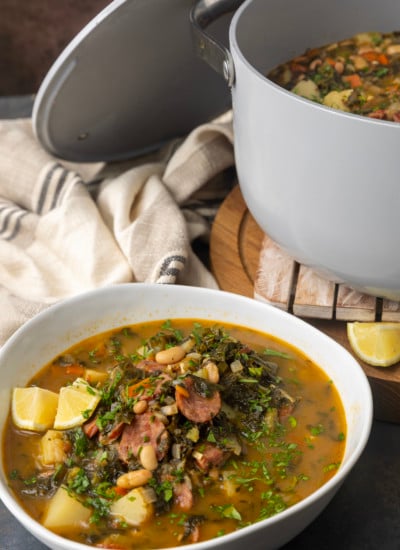 swamp soup in a bowl and in a dutch oven