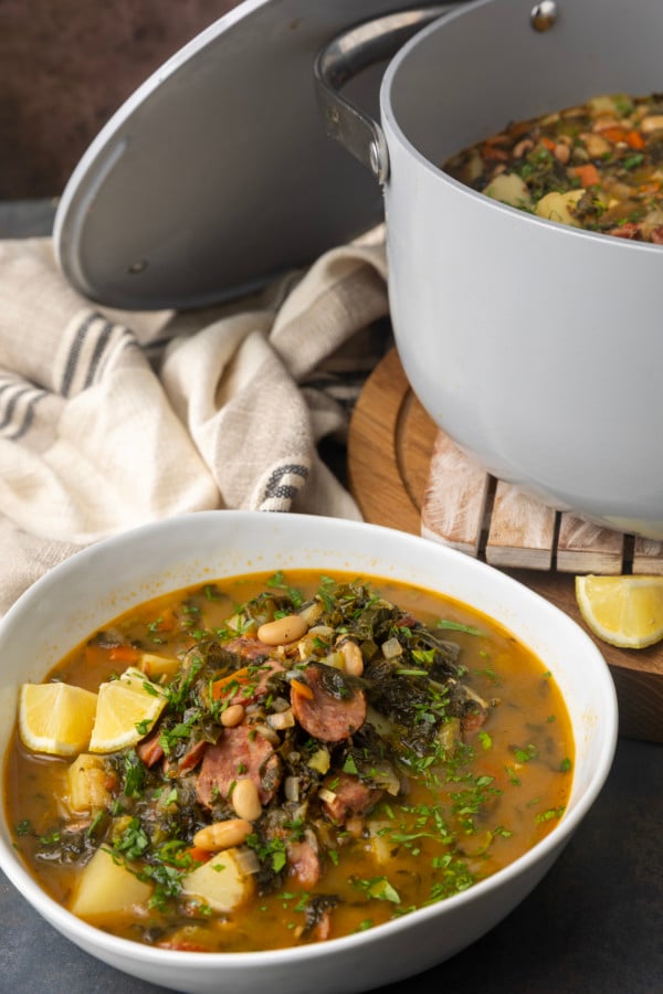 swamp soup in a bowl and in a dutch oven