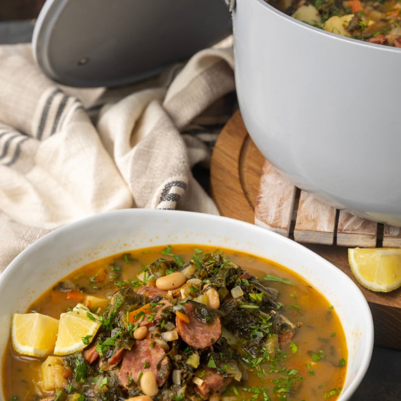 swamp soup in a bowl and in a dutch oven