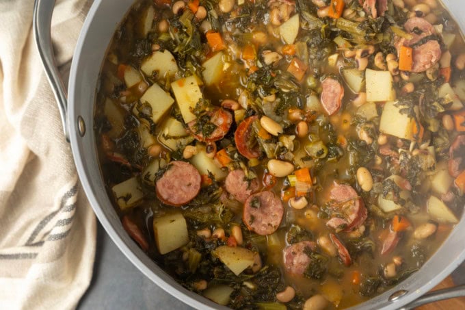 swamp soup in a bowl and in a dutch oven