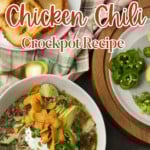 white bean chicken chili in a bowl with avocados, jalapenos, sour cream, cilantro, fritos, and lime wedges with text overlay describing the photo