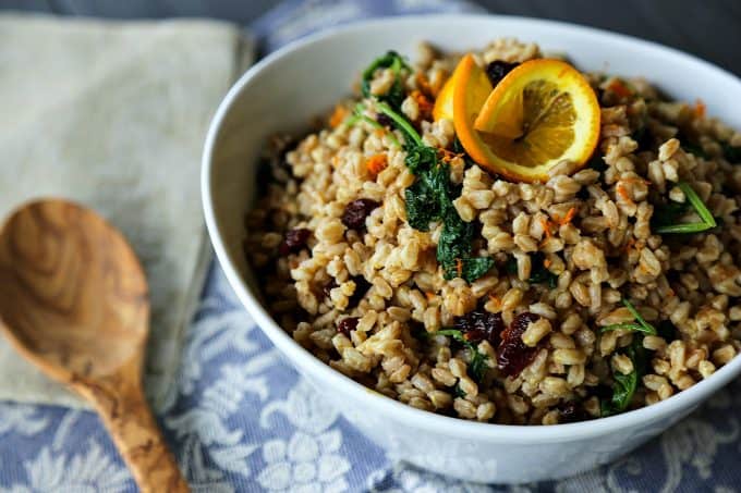 Garlicky Farro Salad with Kale, dried cherries, and orange from foodiewithfamily.com