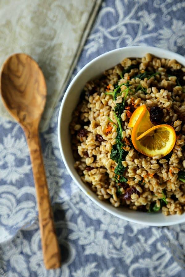 Garlicky Farro Salad with Kale, dried cherries, and orange from foodiewithfamily.com