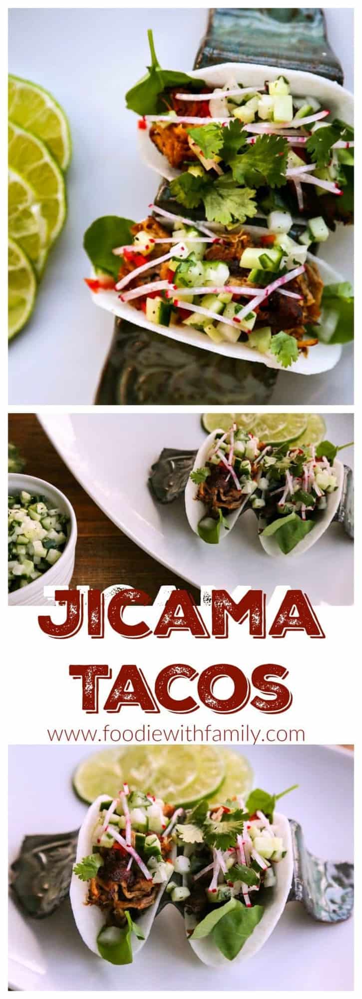 Jicama Tacos with carnitas, cucumber onion salsa, radishes, and cilantro.