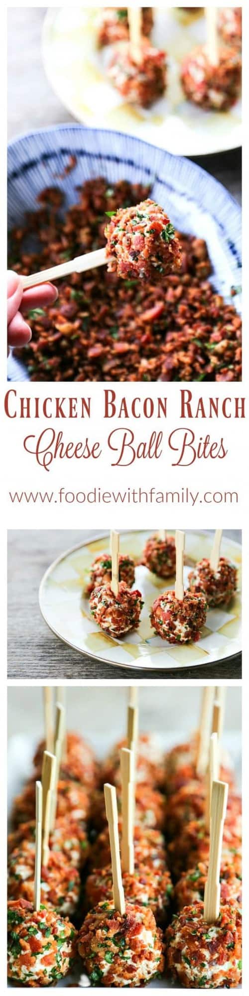 Chicken Bacon Ranch Cheese Ball Bites are the ultimate party food. Two-bite chicken and cheese balls completely crusted in crispy bacon and fresh parsley!