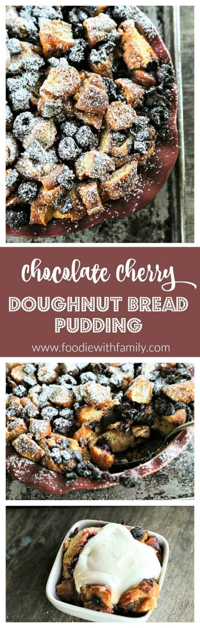 Chocolate Cherry Doughnut Bread Pudding is the creamiest, richest, most souffle-like bread pudding of leftover doughnuts, dark chocolate chunks, and sweet, black cherries.