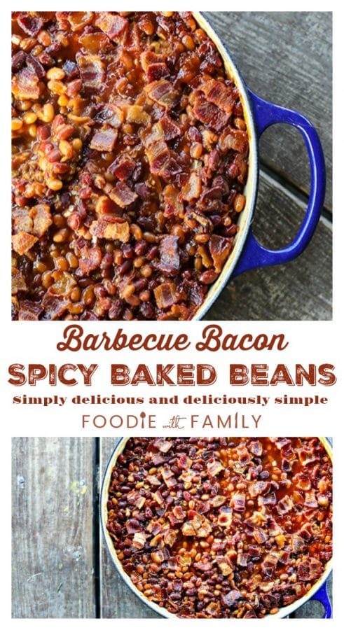 Barbecue Bacon Spicy Baked Beans are chock full of browned pork sausage, bacon, and enough spicy barbecue sauce to be so flavourful and so perfect that no one will ever believe these start with canned beans.