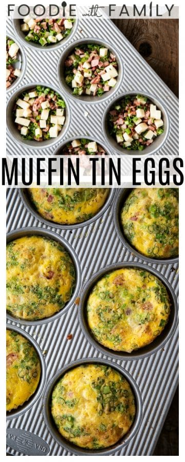 Muffin Tin Eggs; craveable crisped ham, green onions, Cheddar cheese, and egg baked to puffy, golden perfection. These egg muffins are a perfect topper for toasted English muffins or beside a salad for a full, light meal.