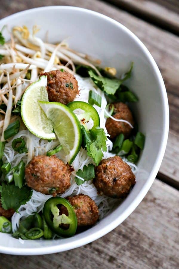 Simple Turkey Meatball Pho; a quick hack to make a fragrant, delicious pho broth from store bought stock or broth plus flavourful Asian Turkey Meatballs and a generous amount of fresh herbs and vegetables.