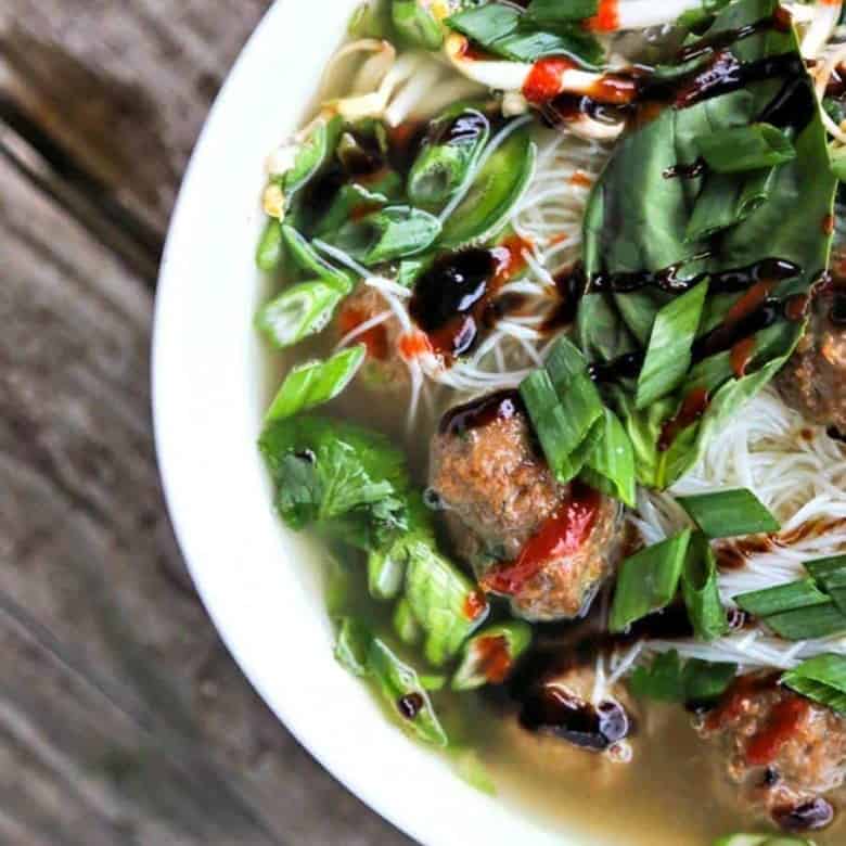 Simple Turkey Meatball Pho; a quick hack to make a fragrant, delicious pho broth from store bought stock or broth plus flavourful Asian Turkey Meatballs and a generous amount of fresh herbs and vegetables.
