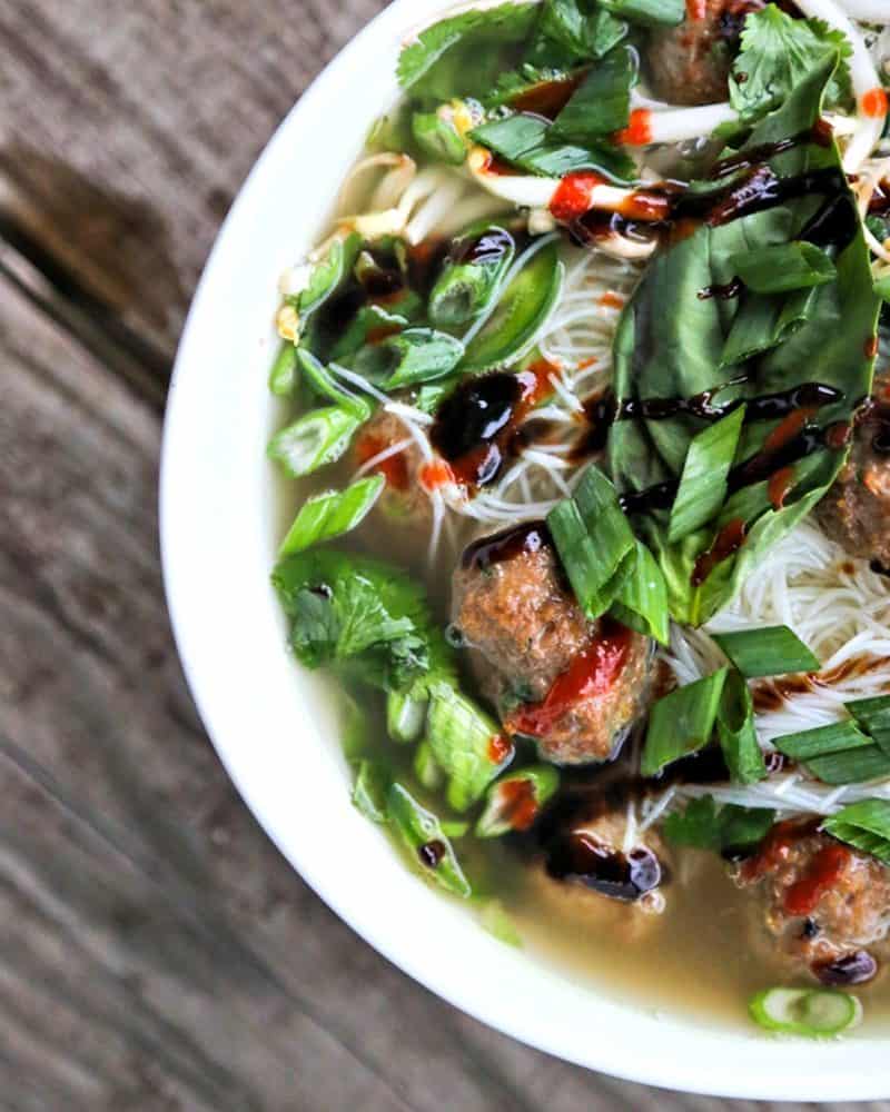 Simple Turkey Meatball Pho; a quick hack to make a fragrant, delicious pho broth from store bought stock or broth plus flavourful Asian Turkey Meatballs and a generous amount of fresh herbs and vegetables.