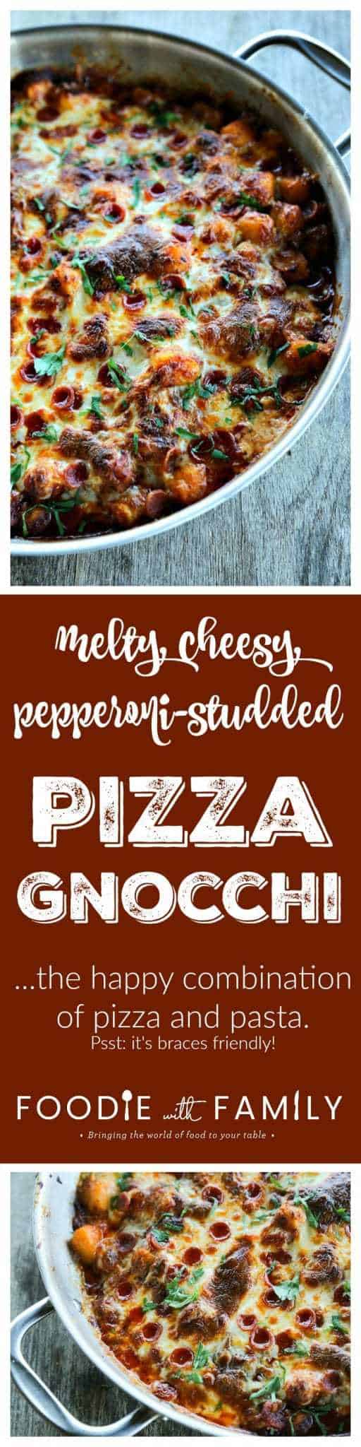Pizza gnocchi is all the flavours of pizza in pillowy gnocchi sauteed in a little butter then baked with garlicky pizza sauce and pepperoni, covered with a generous layer of melted mozzarella, pepperoni, and a shower of fresh parsley.
