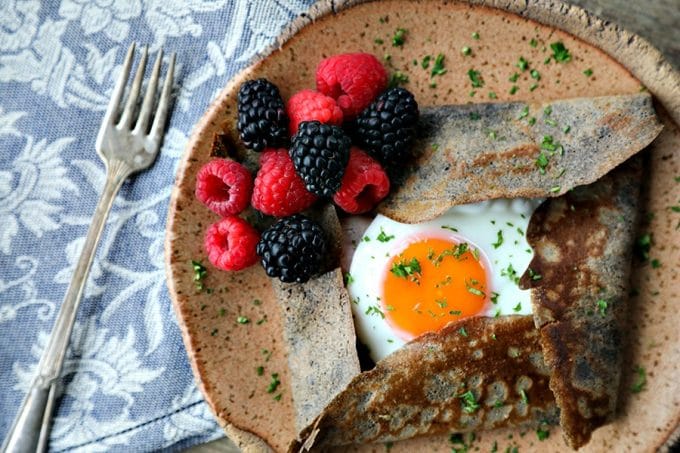 Pure Buckwheat Crepes are a classic staple of French cuisine: crispy edged, simple to make, and wonderful most especially wrapped around savoury ingredients, but great around sweet ones, too.