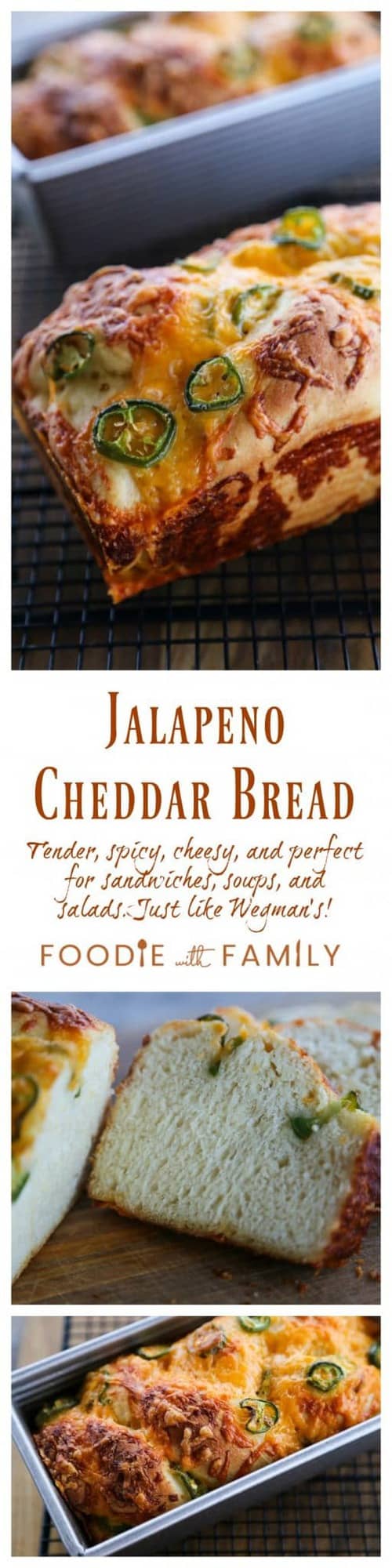 Jalapeno Cheddar Bread: tender sandwich bread studded with fresh jalapeno slices and lovely melted cheddar cheese with a thick cap of toasted cheddar on top. Just like Wegman's bakery bread!