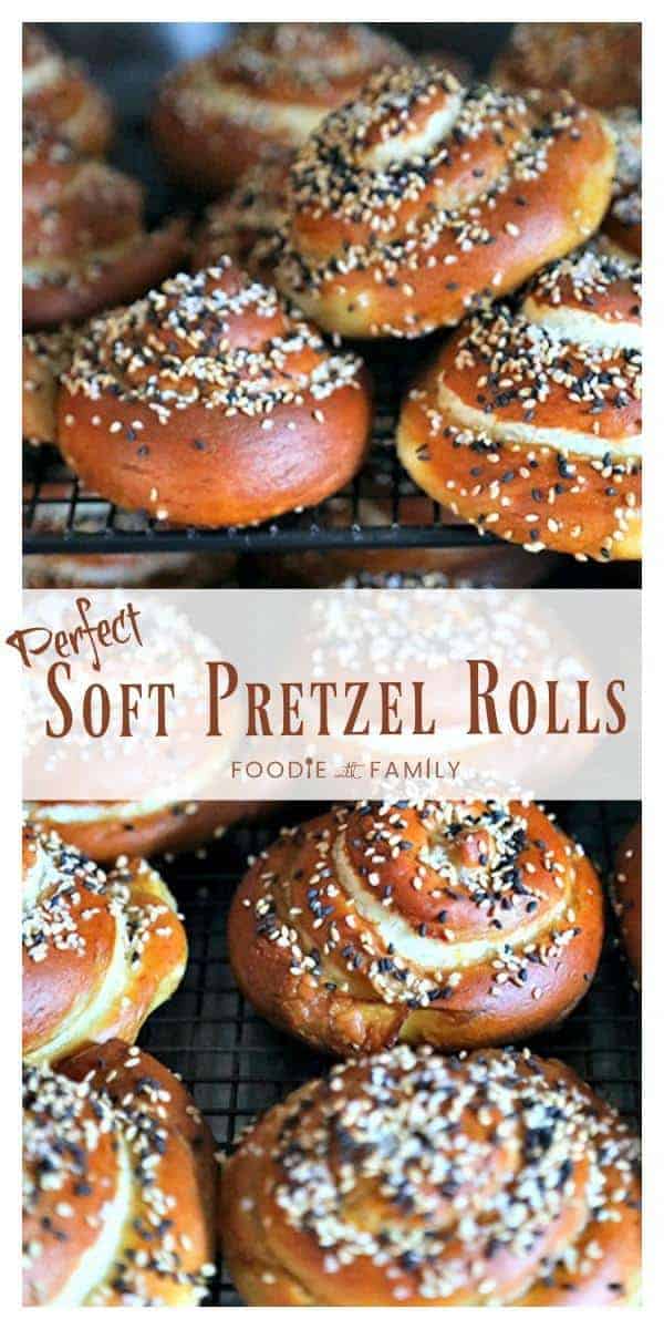 The most perfect soft pretzel rolls for sandwiches. Tender yet chewy, and substantial enough to hold up to any fillings. Topped with a delightful combination of sesame seeds and pretzel salt.