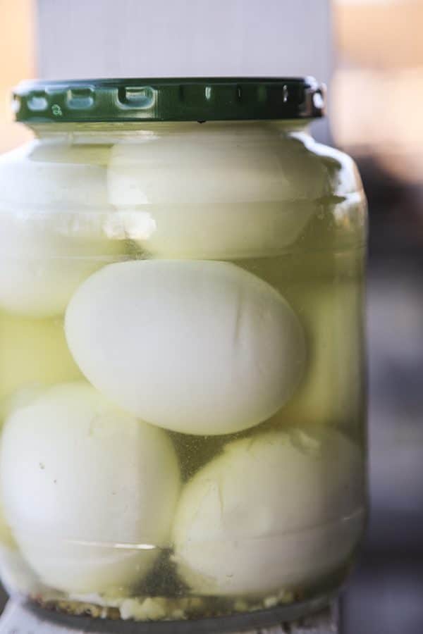 jar of pickled eggs in Claussen pickle brine