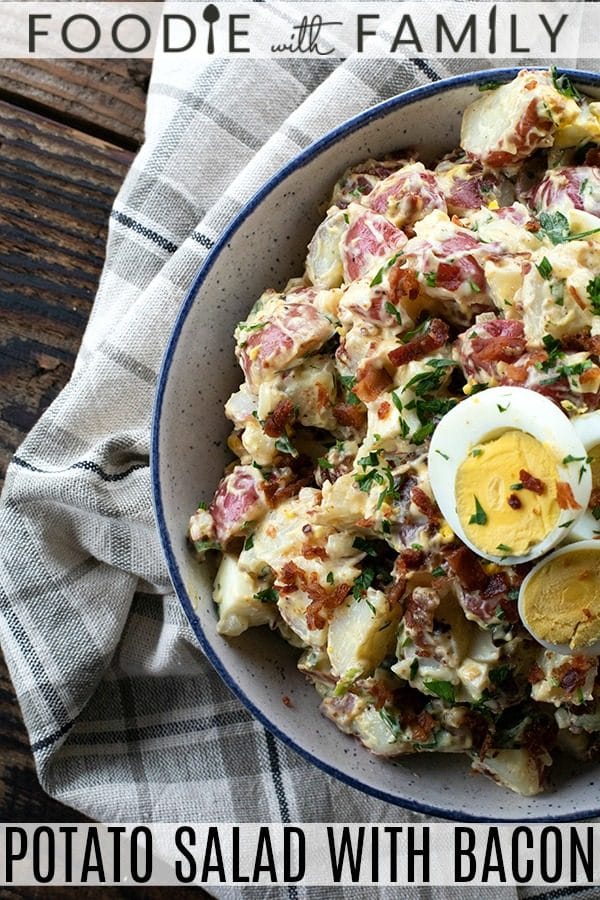 This next level potato salad has a full pound of crispy bacon, a creamy dressing with a hint of Dijon mustard, fresh herbs, hard boiled eggs, and tender potatoes. It's sure to be your new favourite potato salad for grilling and picnic season.