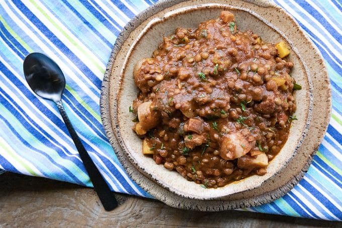 Chorizo Chili is hearty, spicy, slow-simmered chorizo in smoky tomato sauce with tender potatoes, carrots, and lentils. This is serious comfort food!