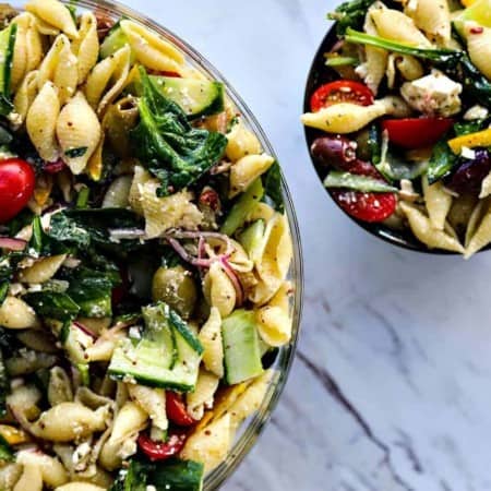 Vegetable lovers rejoice! This Veggie Lover's Greek Pasta Salad is absolutely bursting with baby spinach, cucumbers, tomatoes, bell peppers, Greek olives, and red onions all in a tantalizing garlicky herbed lemon dressing.