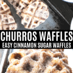 Crispy edged, cinnamon-sugar dusted Churros Waffles are 100% irresistible and ridiculously easy to make, taking advantage of frozen dough for the base. Bonus: No boiling oil!